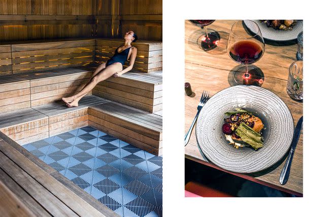 <p>Kari Medig</p> From left: Relaxing at Scandinave Spa Whistler; smoked sable with Formanova beets and fried bull kelp at Alta Bistro.