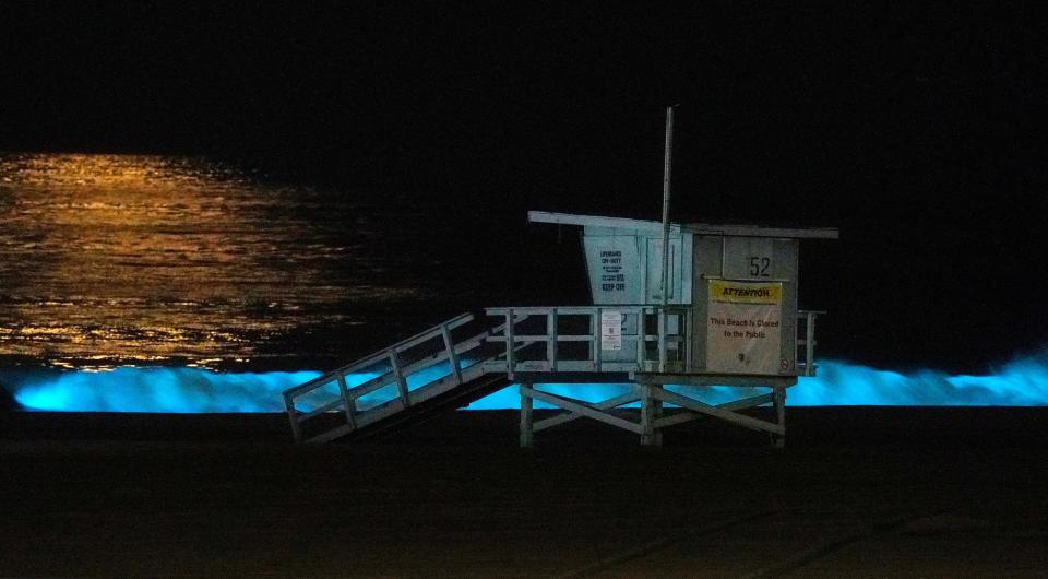 Bioluminescent plankton light up the shoreline as they churn in the waves in front of an empty lifeguard station at Dockweiler State Beach during the coronavirus outbreak, Sunday, April 26, 2020, in Los Angeles, Calif.