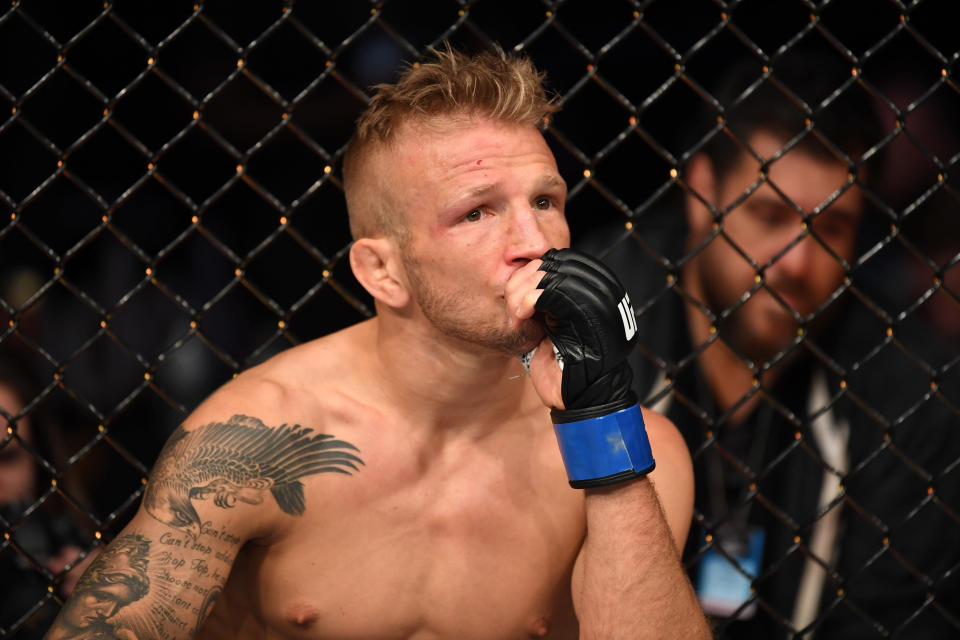 T.J. Dillashaw won't be stepping back into the Octagon for two years after he tested positive for a banned substance. (Photo by Josh Hedges/Zuffa LLC/Zuffa LLC via Getty Images)