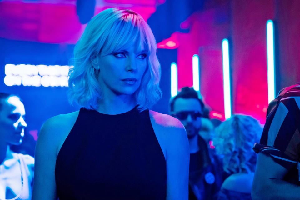 Charlize Theron keeps a vigilant watch over a nightclub in "Atomic Blonde"