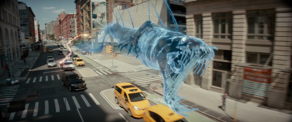 Sewer Dragon Ghost being chased through New York in <i>Ghostbusters: Frozen Empire</i><span class="copyright">Courtesy of Sony</span>