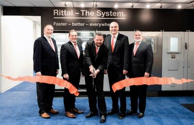Rittal’s ribbon cutting ceremony at its newest SE Regional Office and Showroom in Atlanta, Georgia. It features from left to right: Bob Jennings, CFO; Scott Casey, CSO; Ben Mauldin, Regional VP Southeast; Andreas Ruzic, CEO Rittal USA, EVP Rittal North America;  Roy Weston, VP Human Resources.