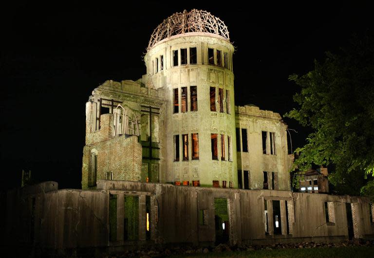 Bright lights illuminate the A-bomb Dome in Hiroshima, western Japan