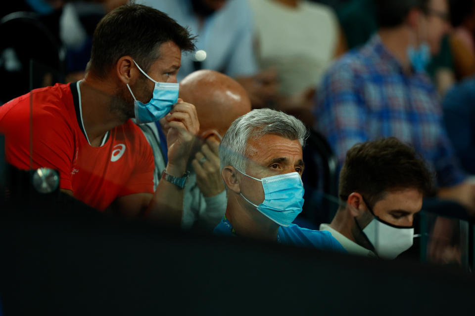 Stefanos Tsitsipas' father and coach Apostolos, pictured here during the Australian Open semi-final.