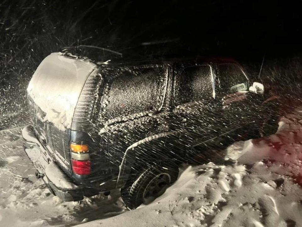 Snow was coming down hard as rescuers worked to save a trapped driver.