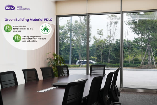 BenQ Materials- Green Building Materials PDLC's application in Taiwan. 87% IR Cut- Lowers indoor temperatures by 2-3 degrees. 99% UV Cut- Soft lighting delays deterioration of furniture and upholstery.