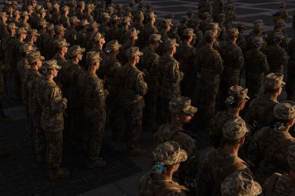 Ukrainian cadets attend a ceremony for taking the military oath at The National Museum of the History of Ukraine in the Second World War, in Kyiv, on Sept. 8, 2023. (Roman Pilipey/AFP via Getty Images)