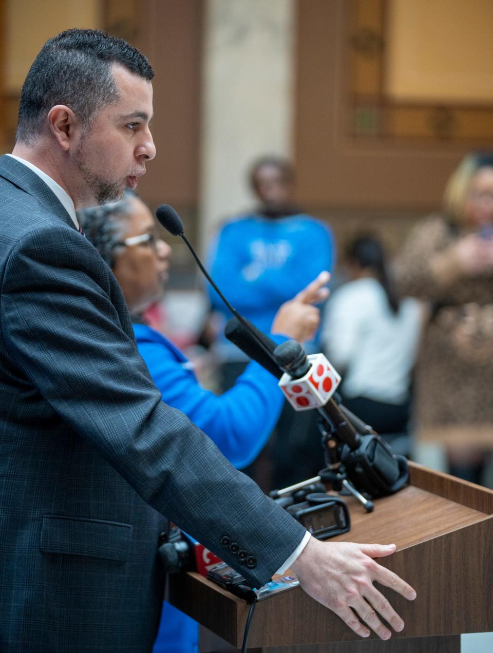 Fady Qaddoura, an Indiana state senator, speaks during a rally involving about 60 people at the Indiana Statehouse, Monday, Jan. 29, 2024, in advance of Senate Bill 243 that would give some measure of eviction protection to renters.