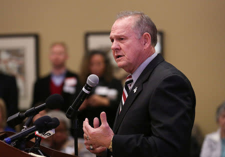 Judge Roy Moore speaks as he participates in the Mid-Alabama Republican Club's Veterans Day Program in Vestavia Hills, Alabama, U.S., November 11, 2017. REUTERS/Marvin Gentry