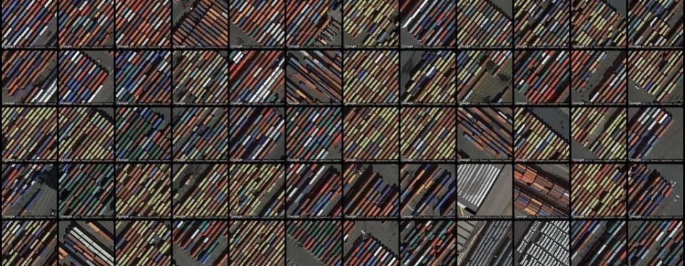 A collage of satellite photos of container yards in New York City.