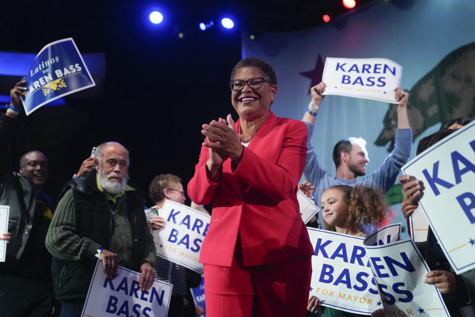 Los Angeles mayoral candidate Rep. Karen Bass, D-Calif., acknowledges her supporters after speaking at an election night party in Los Angeles, Tuesday, Nov. 8, 2022. (AP Photo/Jae C. Hong)