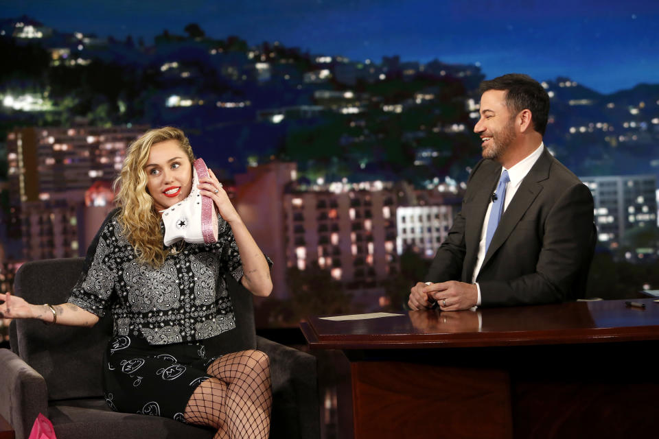 Miley is a staple on the couch with Jimmy Kimmel. Source: Getty