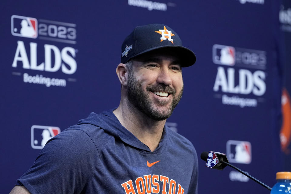 Houston Astros starting pitcher Justin Verlander answers a question during an ALDS baseball news conference Friday, Oct. 6, 2023, in Houston. The Astros will host the Minnesota Twins in Game 1 of an ALDS series Saturday. (AP Photo/David J. Phillip)