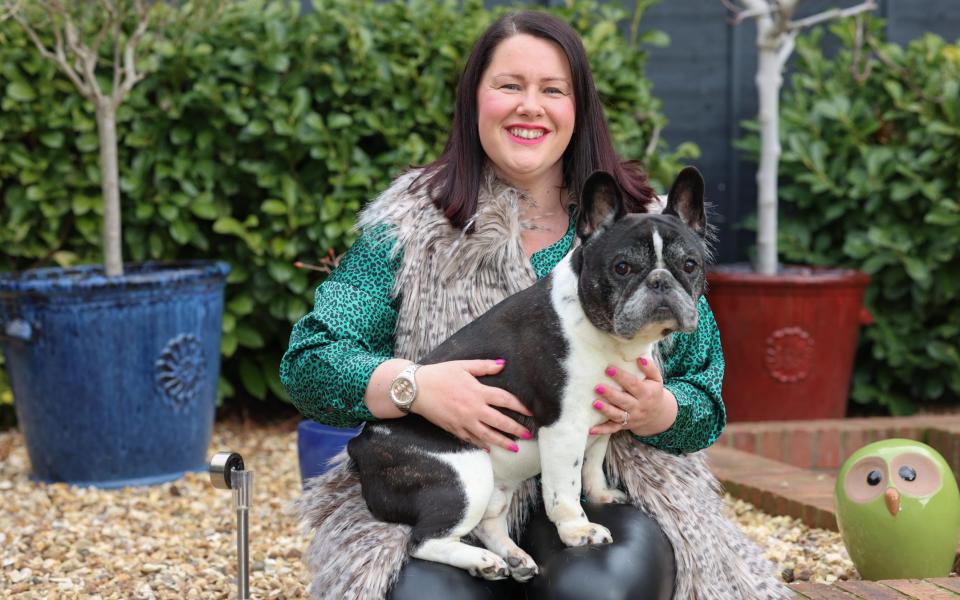 Laura Perkes photographed at her home in Hertfordshire with her French bulldogs Frank, Tiger and Poppy - John Lawrence