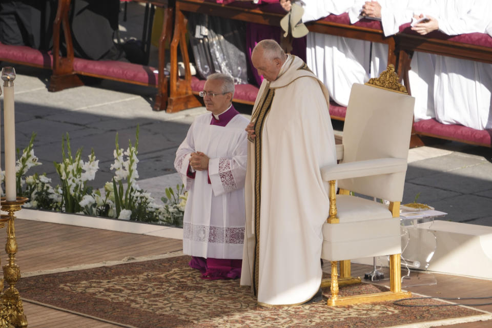 Pope Francis presides a mass concelebrated by the new cardinals for the start of the XVI General Assembly of the Synod of Bishops in St. Peter's Square at The Vatican, Wednesday, Oct.4, 2023. Pope Francis is convening a global gathering of bishops and laypeople to discuss the future of the Catholic Church, including some hot-button issues that have previously been considered off the table for discussion. Key agenda items include women's role in the church, welcoming LGBTQ+ Catholics, and how bishops exercise authority. For the first time, women and laypeople can vote on specific proposals alongside bishops (AP Photo/Andrew Medichini)