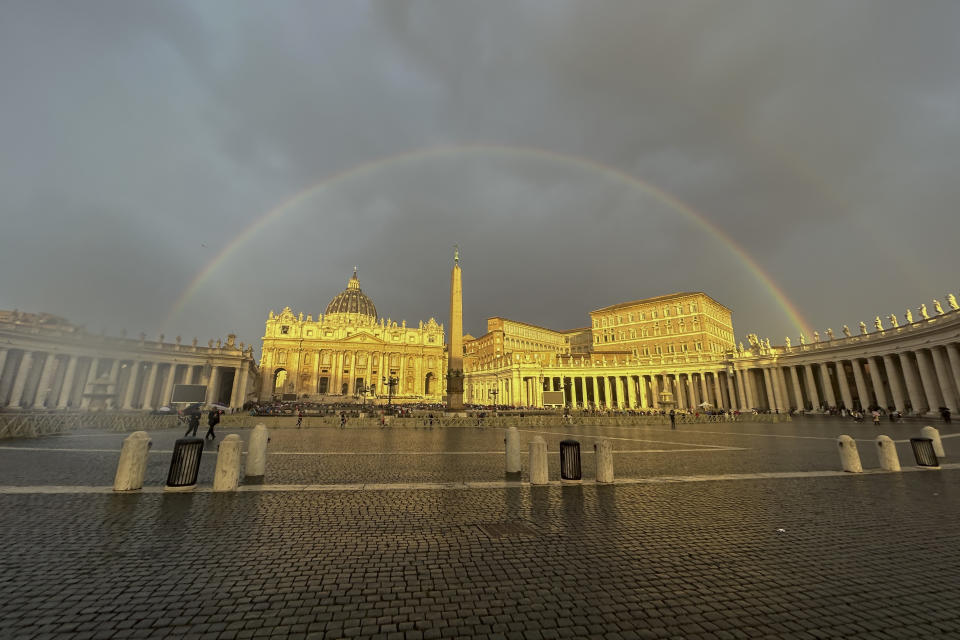 A rainbow shines over St.Peter's Basilica prior to the start of Pope Francis weekly general audience at the Vatican Wednesday, Oct. 25, 2023. (AP Photo/Gregorio Borgia)