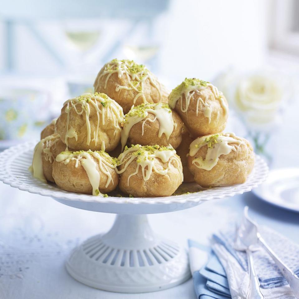 White chocolate and pistachio profiteroles