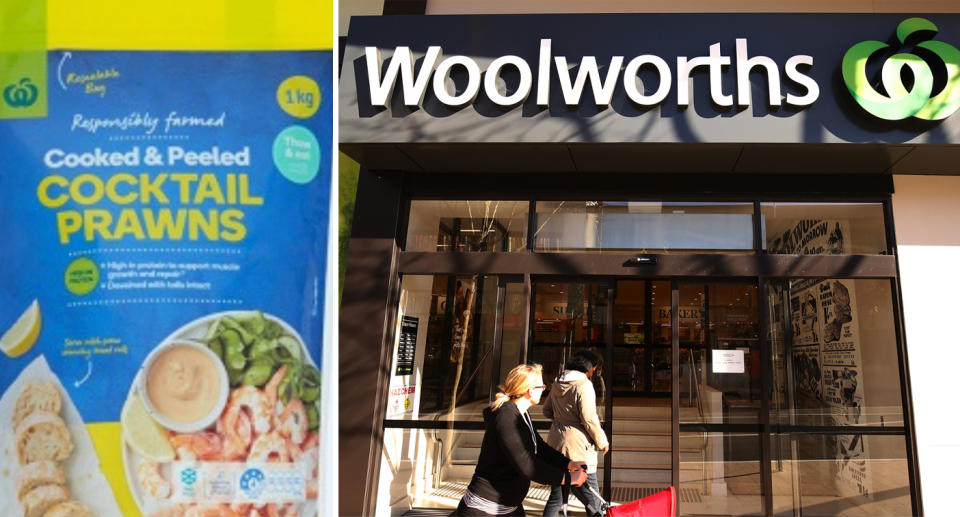 Woolworths Cooked and Peeled prawns and Woolworths store.