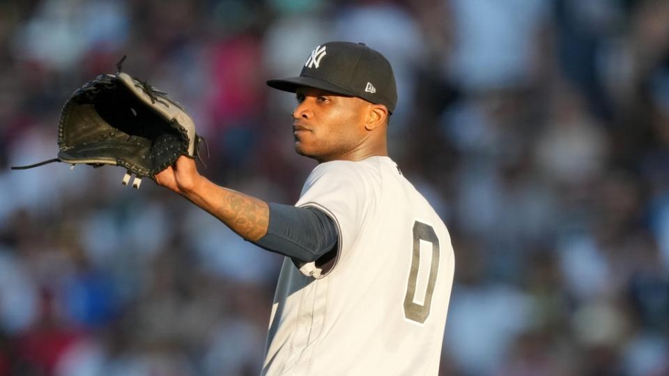 Jul 18, 2023; Anaheim, California, USA; New York Yankees starting pitcher Domingo German (0) reacts in the third inning against the Los Angeles Angels at Angel Stadium. Mandatory Credit: Kirby Lee-USA TODAY Sports