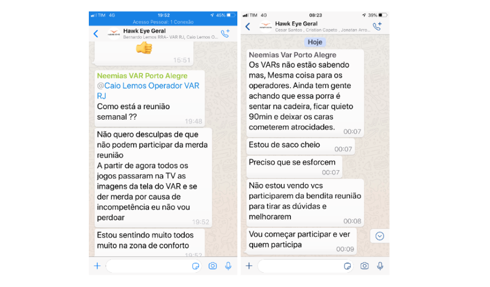 Neemias critica operadores e árbitros de vídeo abertamente em grupo de WhatsApp da empresa (Reprodução)