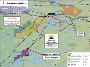 Location of Metallic Metals’ Starr gold-silver project with respect to adjacent properties including the Moss Lake gold deposit (sources: 2013 NI 43-101 Technical Report and PEA for the Moss Lake Project and Kesselrun Resources October 7, 2020 news release)