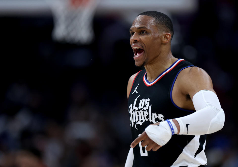 LOS ANGELES, CALIFORNIA - APRIL 23: Russell Westbrook #0 of the LA Clippers celebrate a Clippers three pointerduring a 96-93 Dallas Mavericks win in game two of the Western Conference First Round Playoffs at Crypto.com Arena on April 23, 2024 in Los Angeles, California. User is consenting to the terms and conditions of the Getty Images License Agreement. (Photo by Harry How/Getty Images)