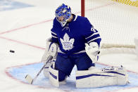 Toronto Maple Leafs goaltender Frederik Andersen makes a save against the Montreal Canadiens during the first period of an NHL hockey game in Toronto, Wednesday, Jan. 13, 2021. (Frank Gunn/The Canadian Press via AP)