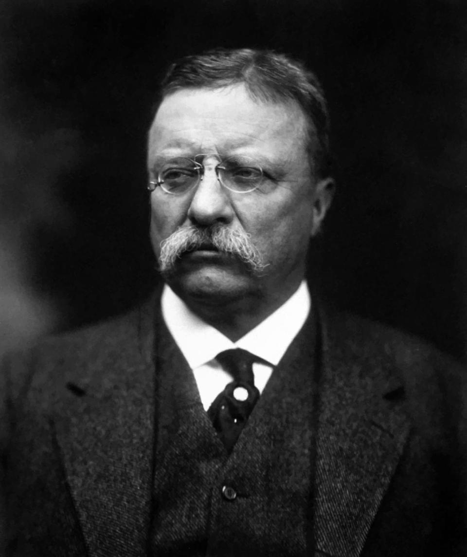 theodore roosevelt wearing glasses and a black suit, looking off camera