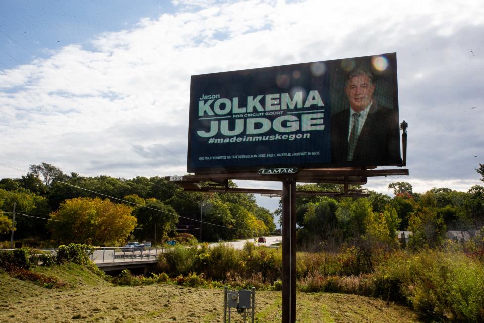 A billboard for Jason Kolkema sits along Whitehall Road Thursday, Oct. 6, 2022, in North Muskegon. 