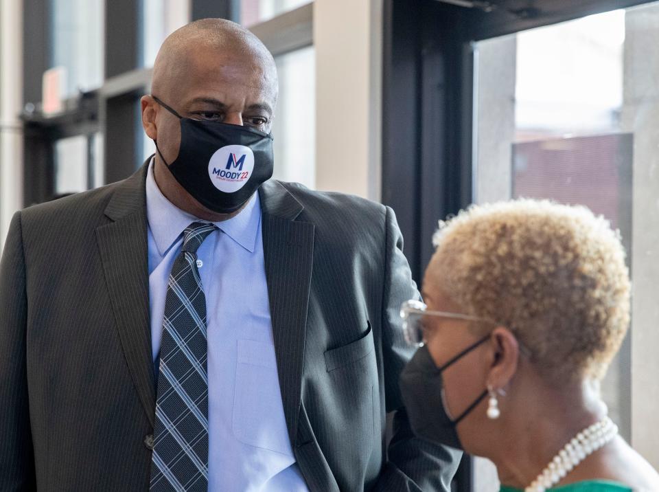 Ken Moody, candidate for the Democratic nomination for Shelby County mayor, speaks to Pat Davis Wednesday, March 16, 2022, at Mount Vernon Baptist Church in Memphis. The Afro American Police Association held the event to pray over local candidates they are endorsing in Memphis.