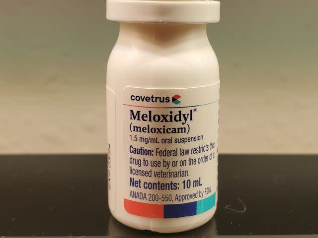 <p>Smith Collection / Gado / Contributor / Getty Images</p> Bottle of medication Meloxidyl (meloxicam)