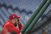 Philadelphia Phillies hitting coach Kevin Long watches during batting practice before Game 4 of baseball's World Series between the Houston Astros and the Philadelphia Phillies on Wednesday, Nov. 2, 2022, in Philadelphia. (AP Photo/David J. Phillip)