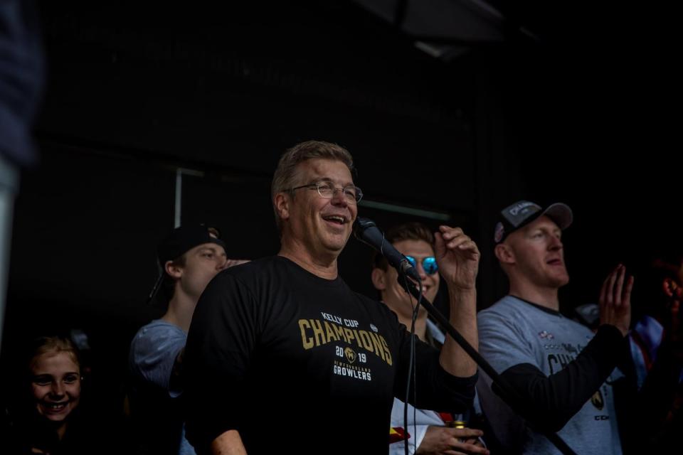 Newfoundland Growlers owner Dean MacDonald, pictured here addressing the crowd at a Kelly Cup parade in 2019, said he is 'heartbroken' to see the Growlers time in St. John's come to a close.