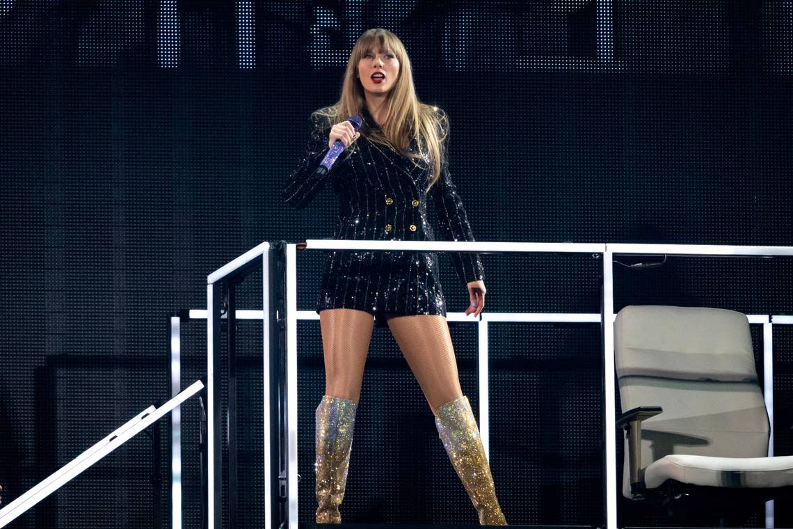 Taylor Swift performs The Man during her first sold-out concert of three nights at AT&T Stadium in Arlington on Friday, March 31, 2023.