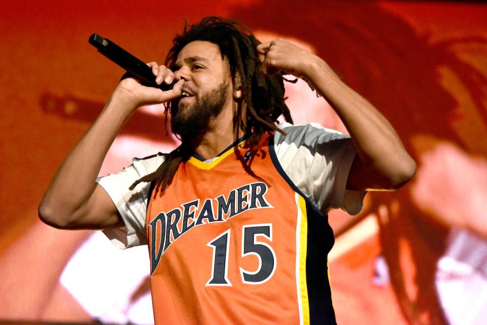 J. Cole performs during "The Off-Season" tour at Oakland Arena on October 20, 2021 in Oakland, California.