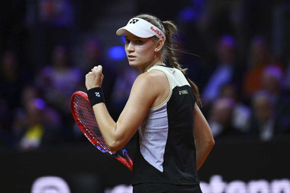 Kazakhstan's Elena Rybakina celebrates after winning the Women Singles tennis tournament of Stuttgart, Germany, Sunday April 21, 2024. (Marijan Murat/dpa via AP)