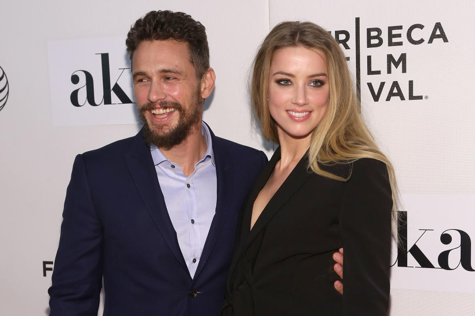 James Franco and Amber Heard photographed together at the premiere of "The Adderall Diaries" at the 2015 Tribeca Film Festival at BMCC Tribeca PAC on April 16, 2015, in New York City