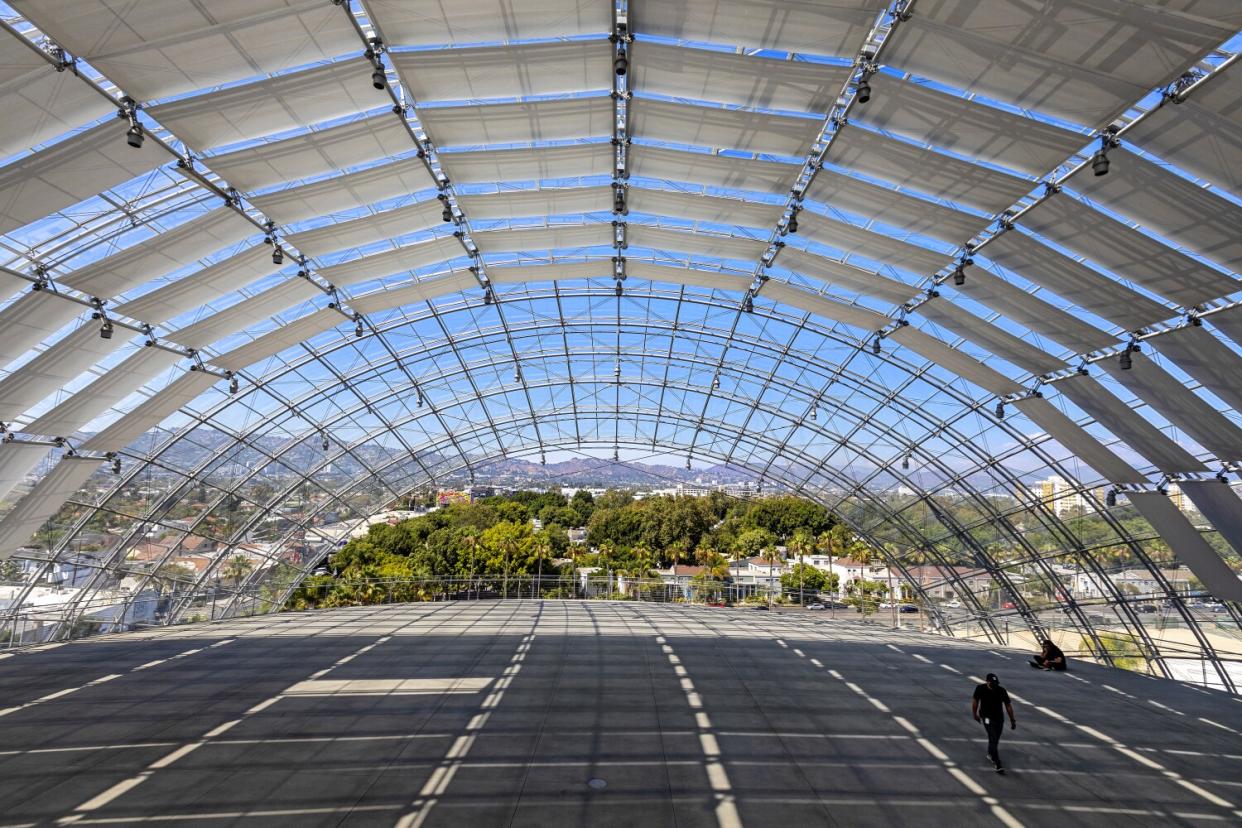 View from the Dolby Family Terrace with retractable roof atop the dome at the new Academy Museum of Motion Pictures.