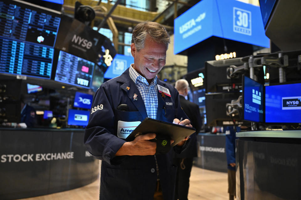 Traders work on the floor of the New York Stock Exchange (NYSE) during morning trading in New York on August 23, 2024. US Federal Reserve Chair Chair Jerome Powell said on August 23 that the 