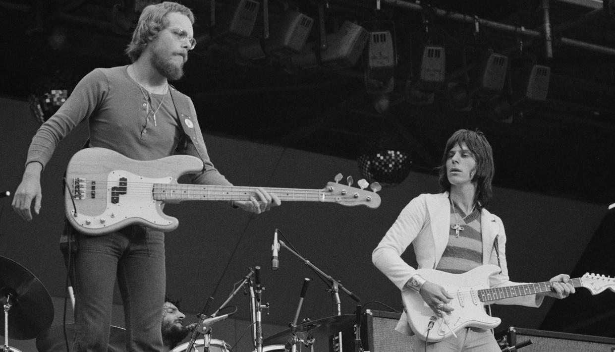  (from left) Tim Bogert, Carmen Appice and Jeff Beck perform in London on September 16, 1972 