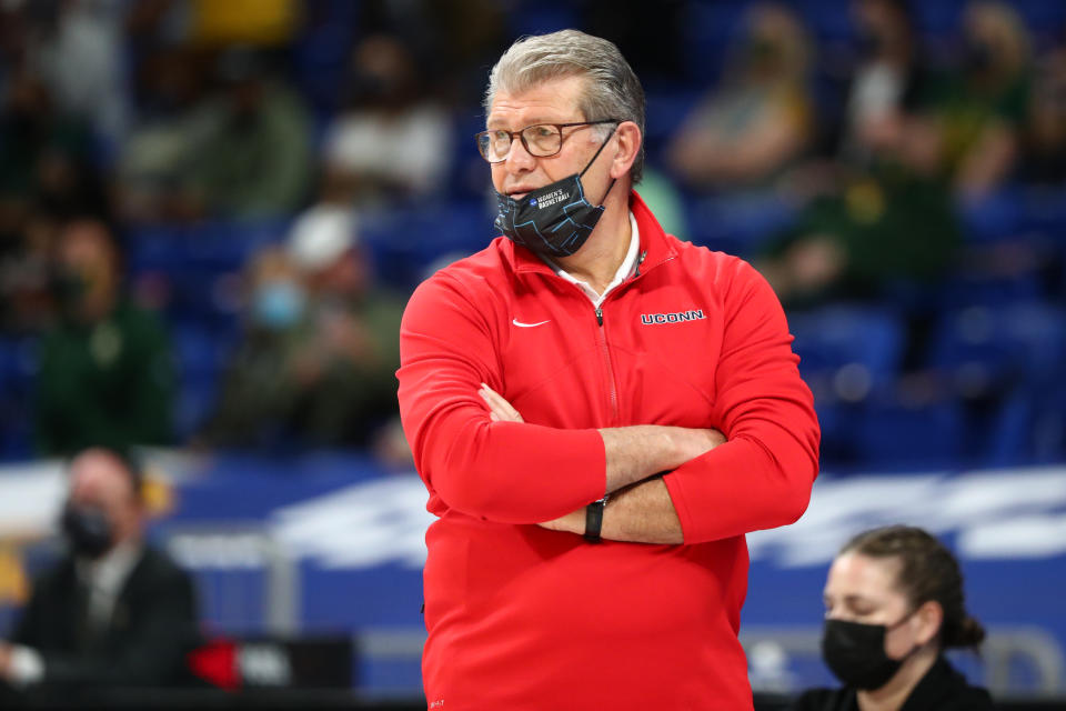 SAN ANTONIO, TX - MARCH 29: Head coach Geno Auriemma of the UConn Huskies looks on from the sideline against the Baylor Lady Bears during the second quarter in the Elite Eight round of the 2021 NCAA Women's Basketball Tournament at Alamodome on March 29, 2021 in San Antonio, Texas. (Photo by C. Morgan Engel/NCAA Photos via Getty Images)