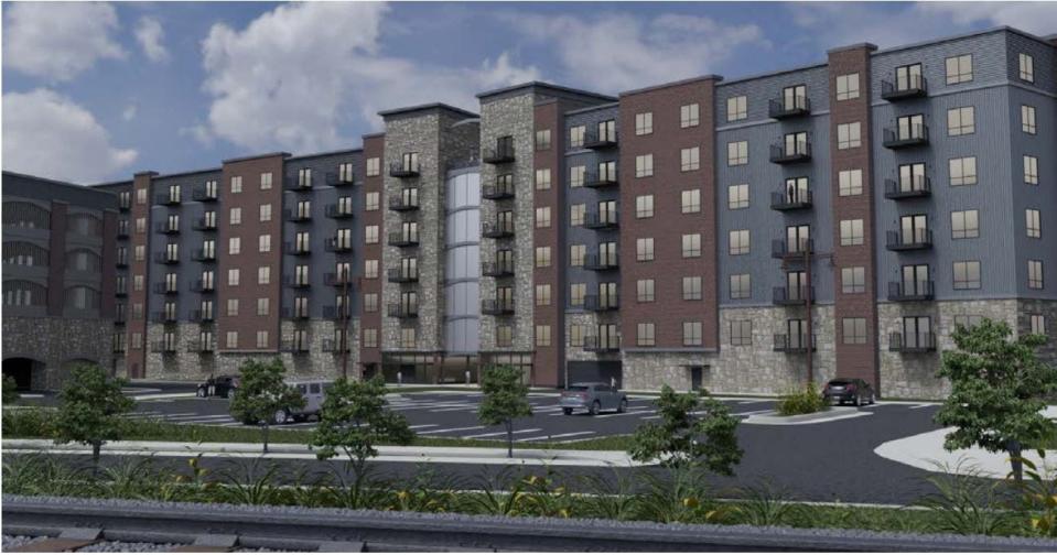 A rendering of the exterior of the seven-story "The Sterling" apartment complex that S.C. Swiderski plans to build in Wausau's Riverlife District along the Wisconsin River. The 200-unit apartment complex will include studio, one-bedroom, two-bedroom and penthouse units.