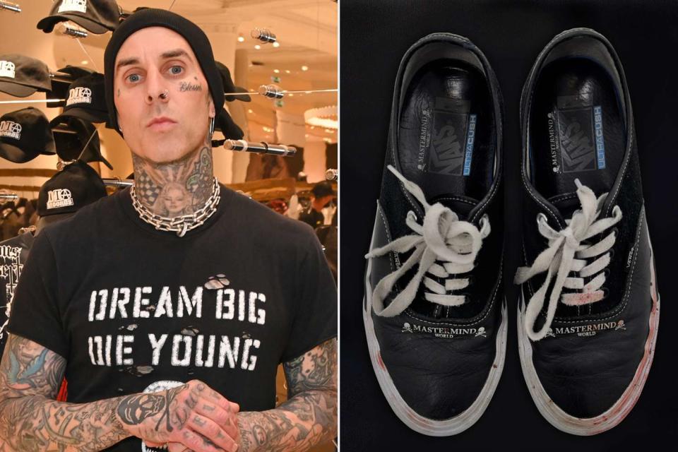 <p>Dave Benett/Getty, TROPHY x Travis Barker</p> Travis Barker, bloody shoes