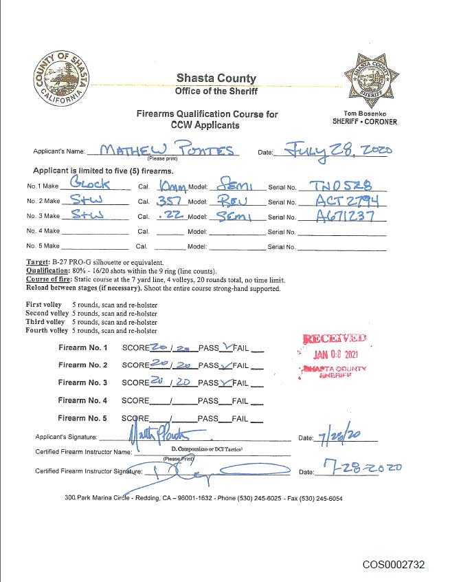 The Ellis Report said former Shasta County Executive Officer Matt Pontes' shooting qualifying test results for a concealed carry permit may have been completed before he actually took the shooting test.