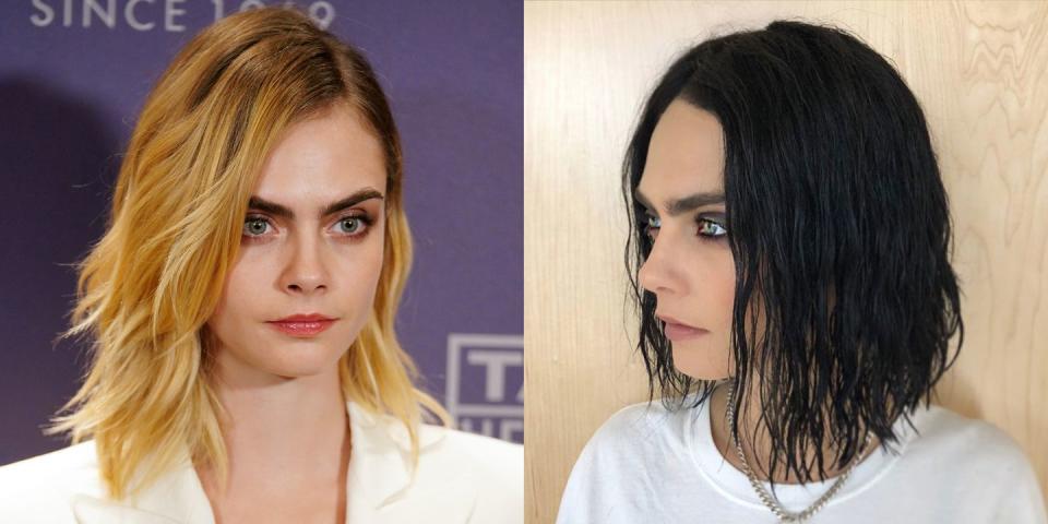 <p>How EPIC does Cara look with this edgy black hair?! Seriously the model is almost unrecognizable without her normal dirty blonde locks. Unfortunately, the 'do is just a wig for a photo shoot, but I'm starting a petition for Cara to dye her hair this color permanently because I'm very into it.</p>