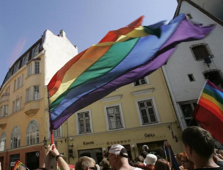 FILE PHOTO: A reveller waves a rainbow-coloured flag during the Tallinn Pride 2007 festival procession in Tallinn