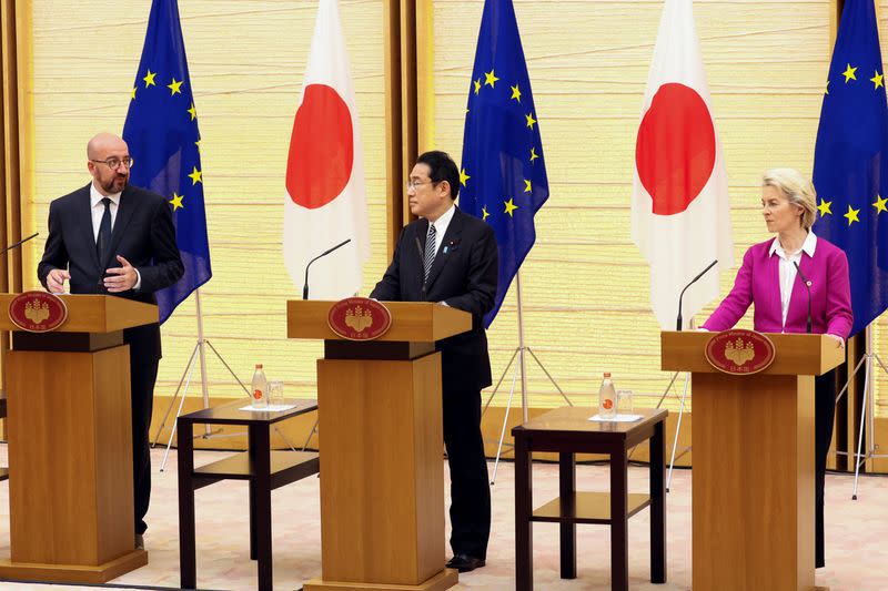 European Commission President Ursula von der Leyen and European Council President Charles Michel meet with Japanese Prime Minister Fumio Kishida in Tokyo