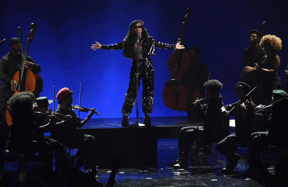 H.E.R. performs "Lord Is Coming" at the BET Awards on Sunday, June 23, 2019, at the Microsoft Theater in Los Angeles. (Photo by Chris Pizzello/Invision/AP)