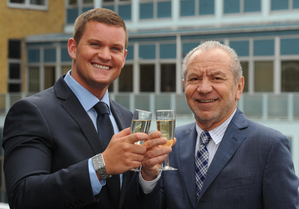 Lord Sugar congratulates Ricky Martin (left), the winner of the BBC television programme The Apprentice, in London.