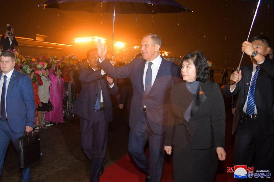 Russia foriegn minister Sergey Lavrov welcomes North Korean counterpart Choe Son Hui (KCNA VIA KNS/AFP via Getty Image)